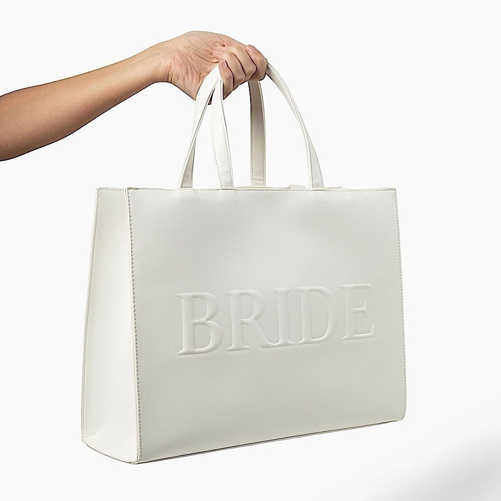 White 'BRIDE' Embossed Tote Bag